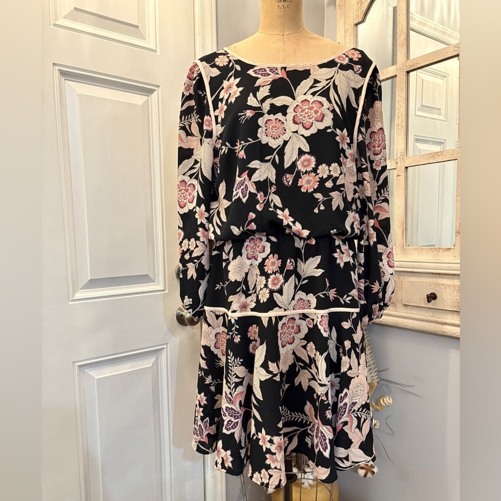 Eliza J Black Pink Floral Tiered Blouson Long Sleeve Mini Dress 16 EJ8M0344